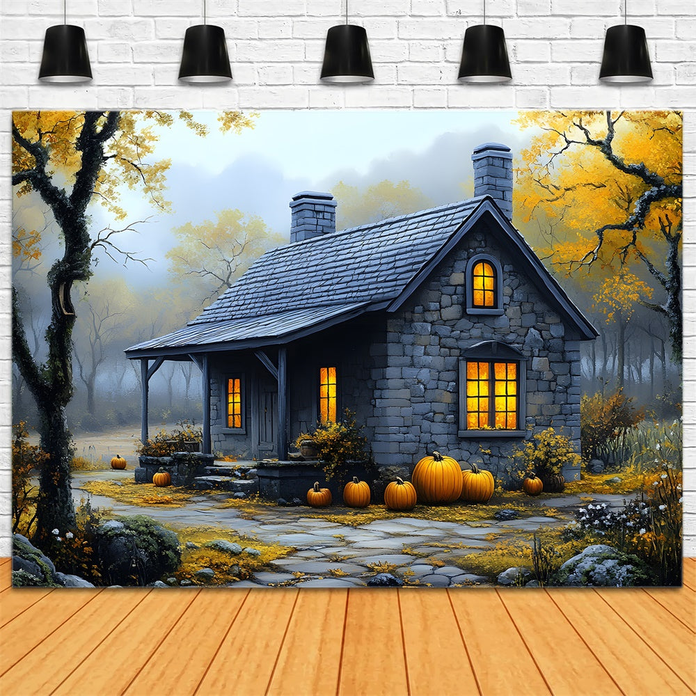 Autumn Misty Forest Stone House Backdrop RR9-33