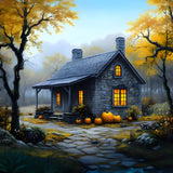 Autumn Misty Forest Stone House Backdrop RR9-33