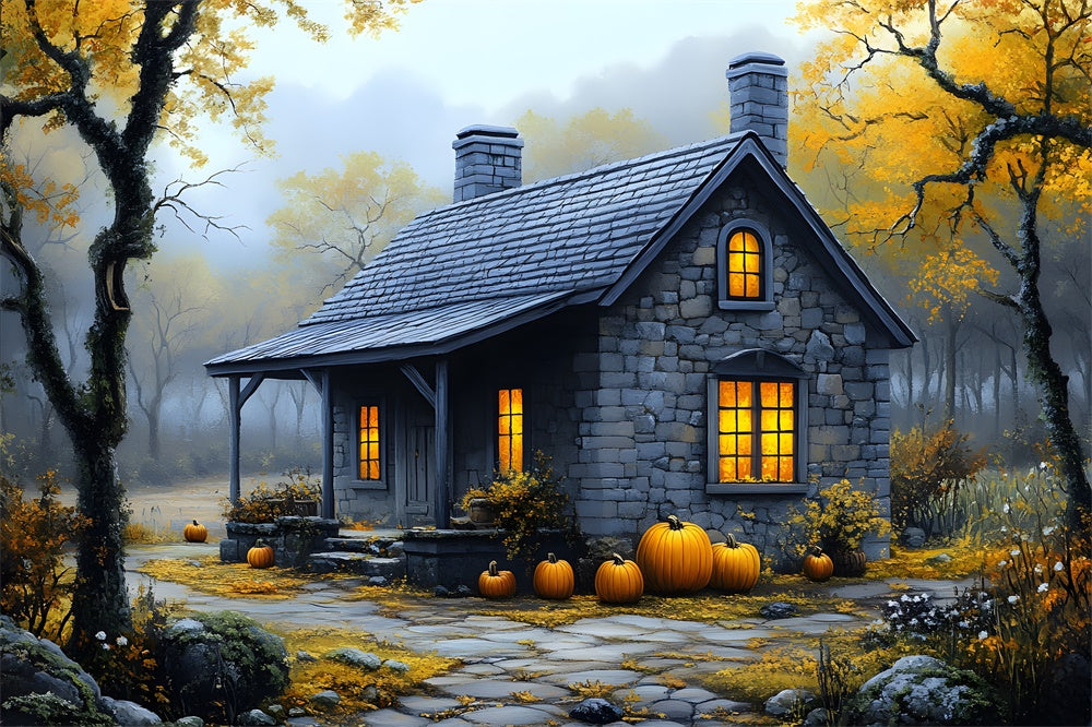 Autumn Misty Forest Stone House Backdrop RR9-33