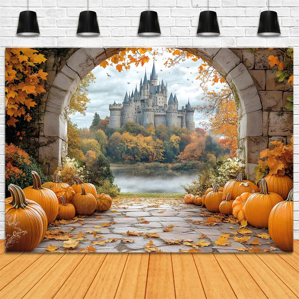 Fall Pumpkin Trail Stone Arch Door View Backdrop RR9-35