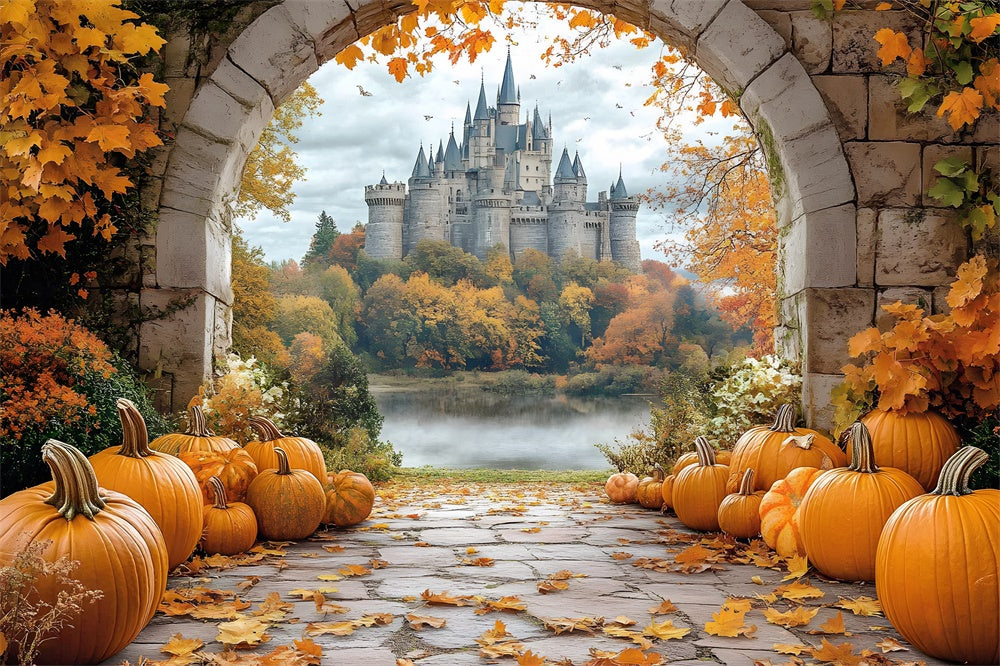 Fall Pumpkin Trail Stone Arch Door View Backdrop RR9-35