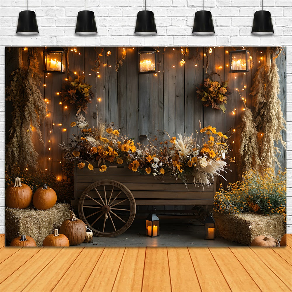 Autumn Harvest Barn Flowers Wood Cart Backdrop RR9-36