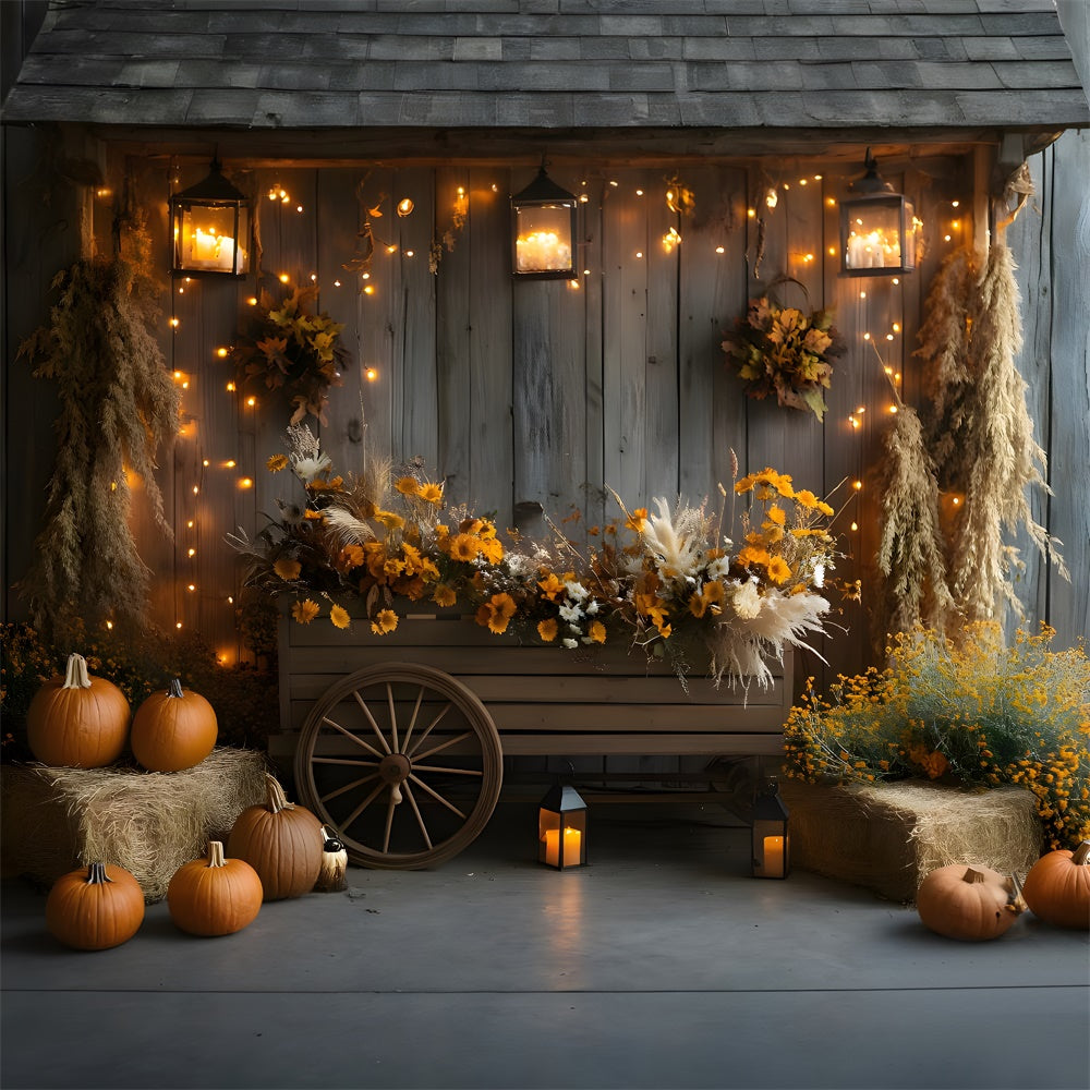 Autumn Harvest Barn Flowers Wood Cart Backdrop RR9-36