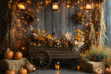 Autumn Harvest Barn Flowers Wood Cart Backdrop RR9-36