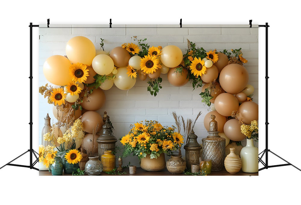 Balloons Sunflowers Decorated Wall Fall Backdrop RR9-37