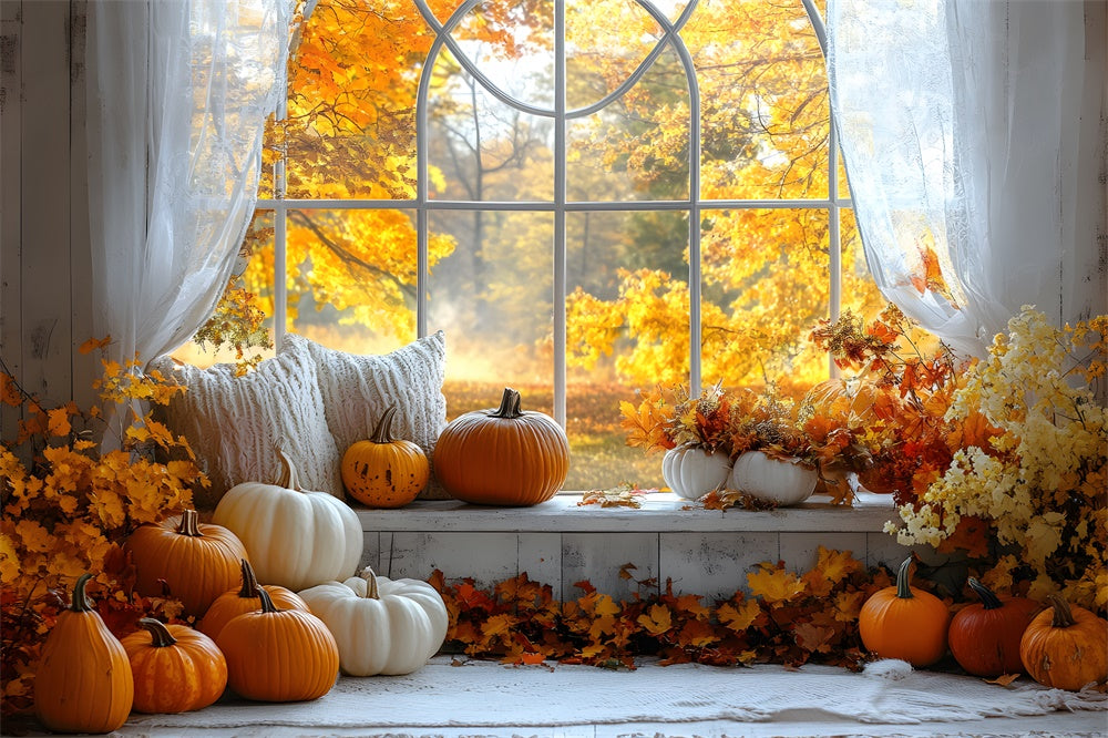 Fall Pumpkins Window Maple Trees View Backdrop RR9-4