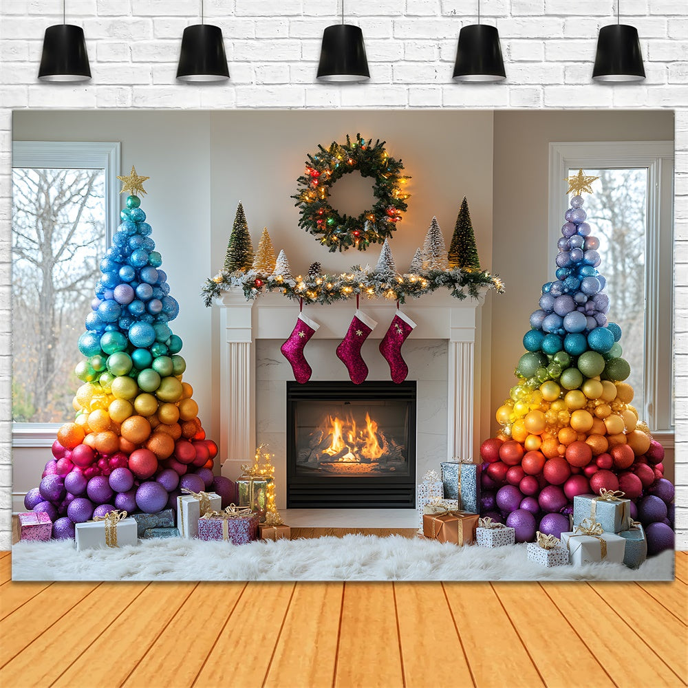 Christmas Colorful Balls Tree Fireplace Backdrop RR9-41