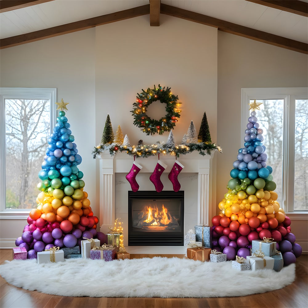 Christmas Colorful Balls Tree Fireplace Backdrop RR9-41