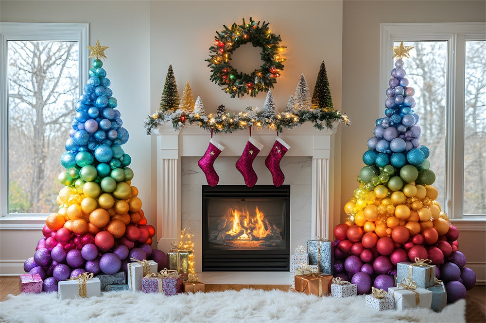 Christmas Colorful Balls Tree Fireplace Backdrop RR9-41