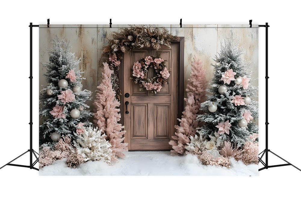 Pink Christmas Tree Wreath Door Snow Backdrop RR9-45