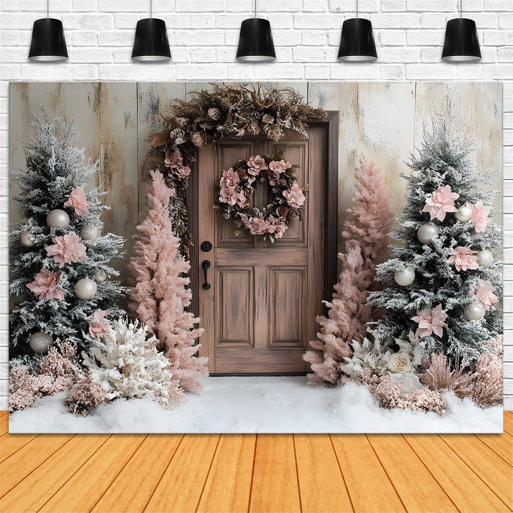 Pink Christmas Tree Wreath Door Snow Backdrop RR9-45