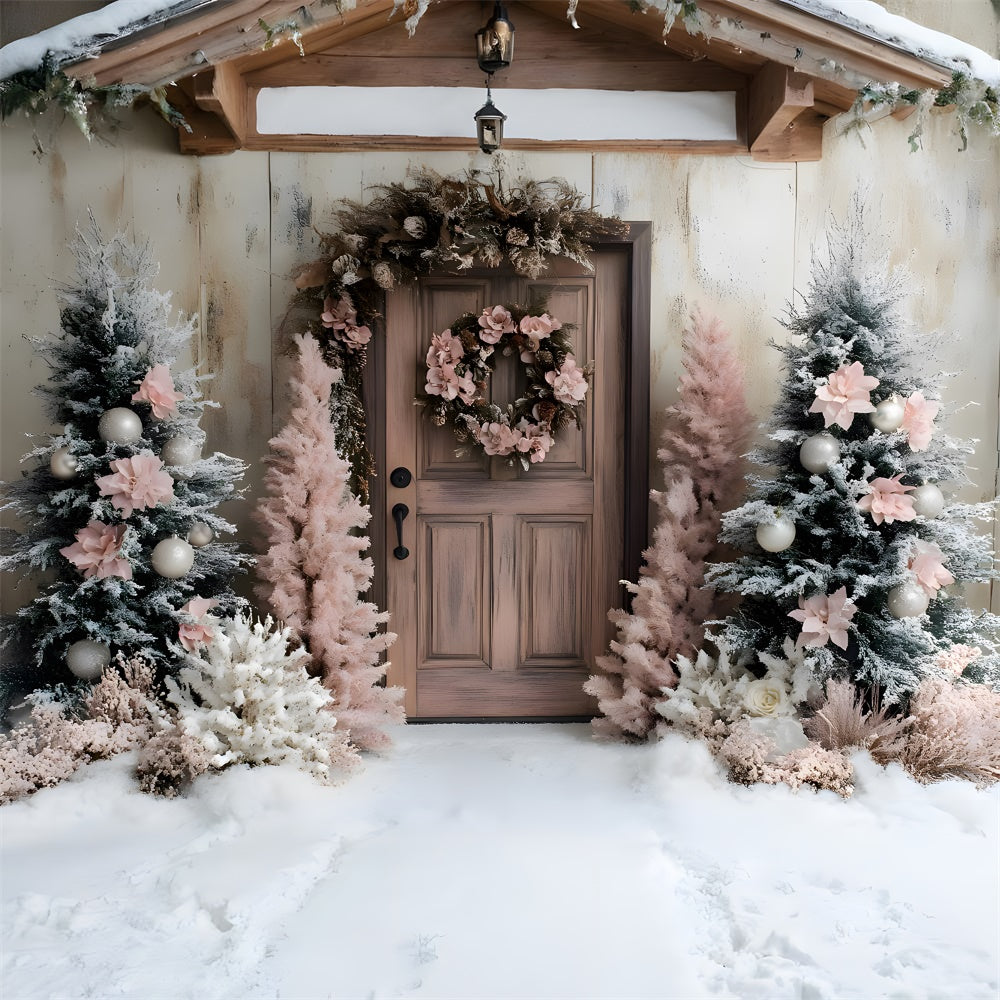 Pink Christmas Tree Wreath Door Snow Backdrop RR9-45