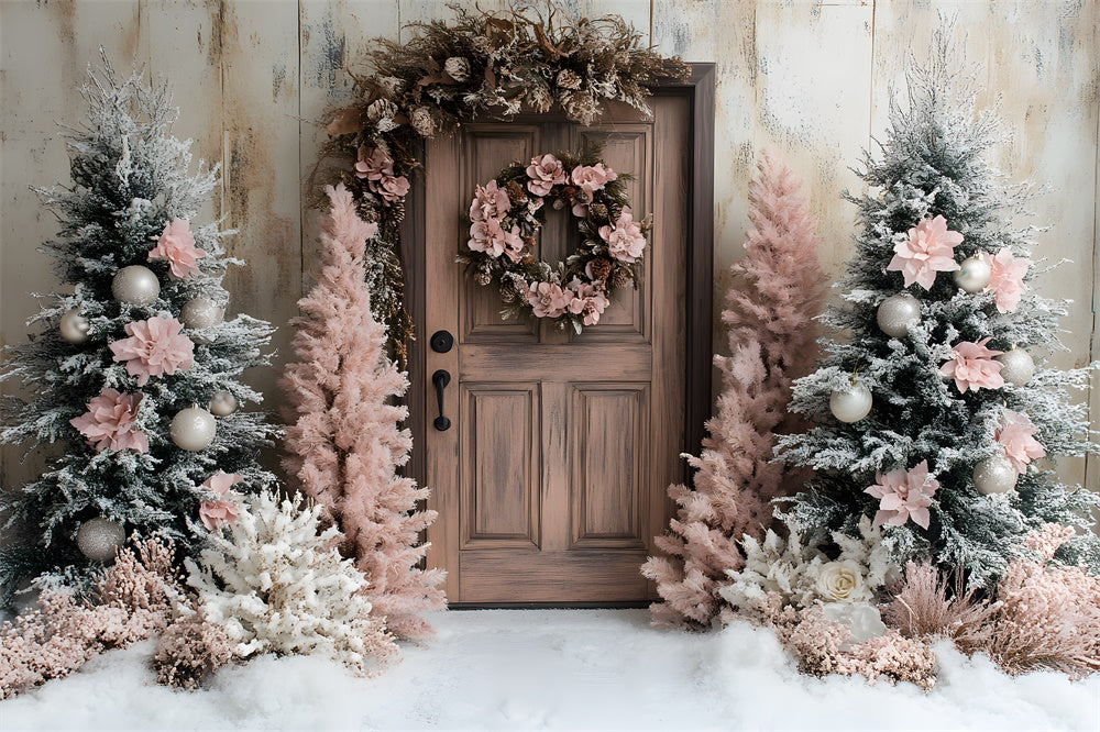 Pink Christmas Tree Wreath Door Snow Backdrop RR9-45