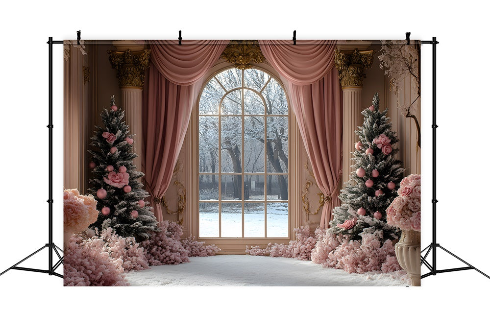 Christmas Tree Pink Curtain Window View Backdrop RR9-49