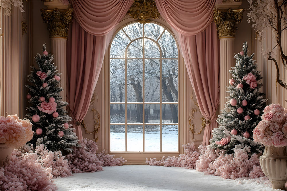 Christmas Tree Pink Curtain Window View Backdrop RR9-49