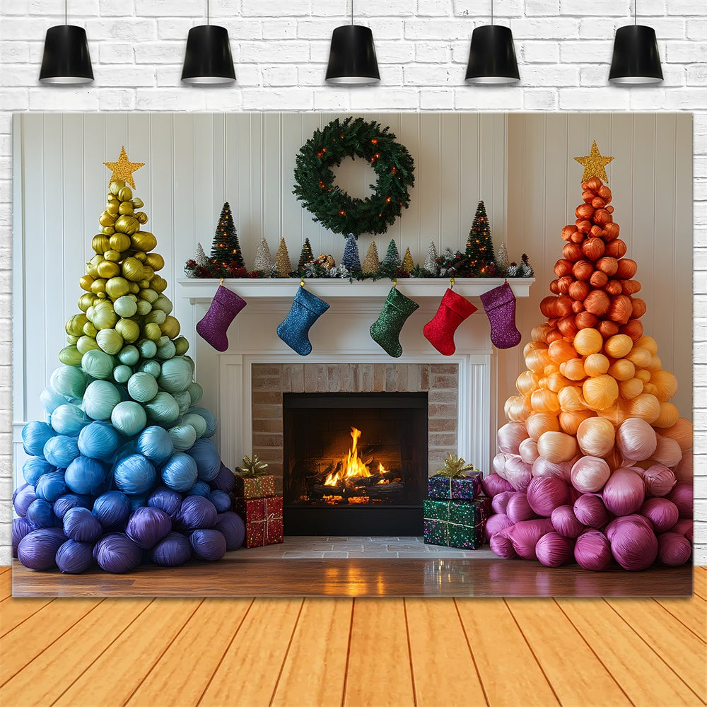 Christmas Rainbow Ball Tree Fireplace Backdrop RR9-50