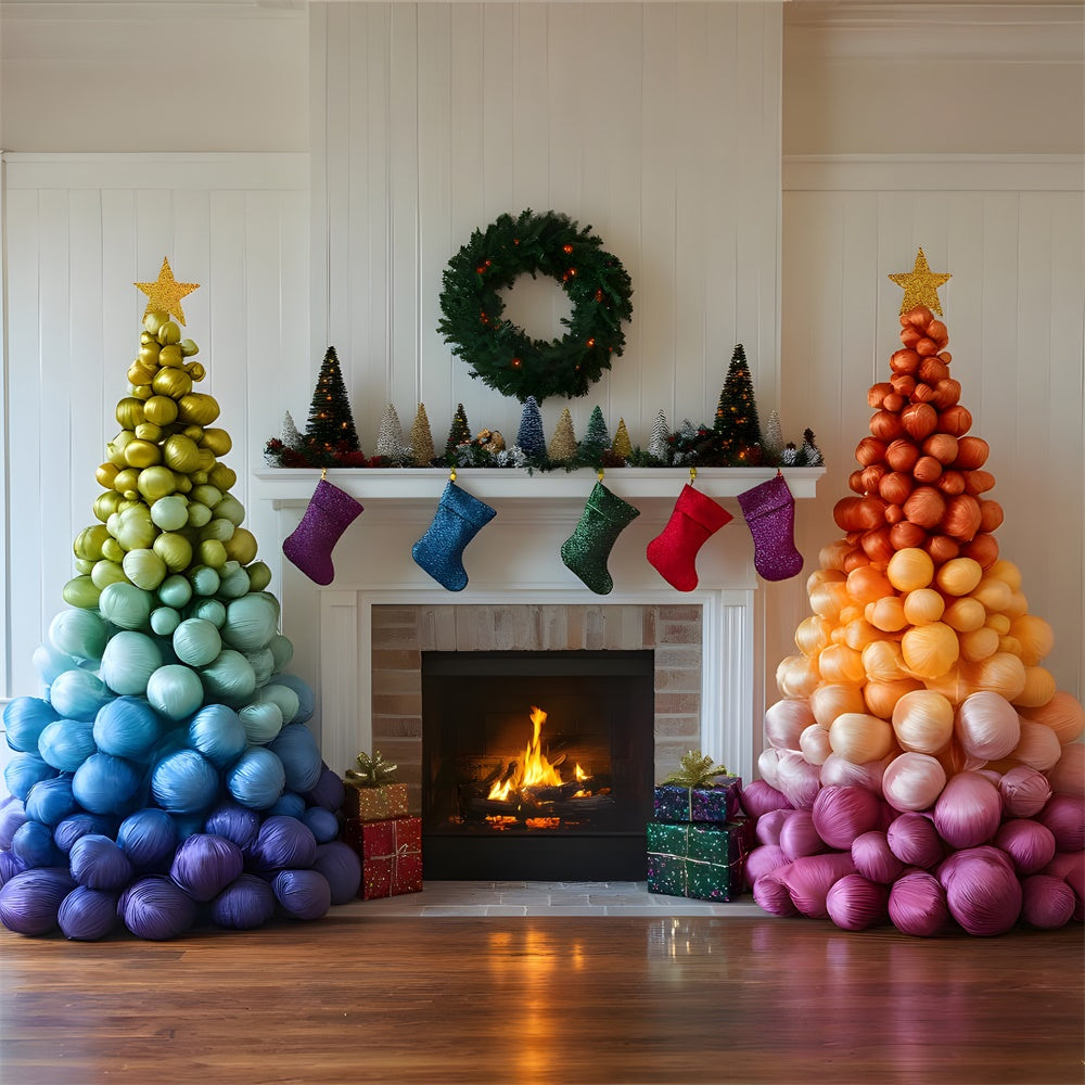 Christmas Rainbow Ball Tree Fireplace Backdrop RR9-50