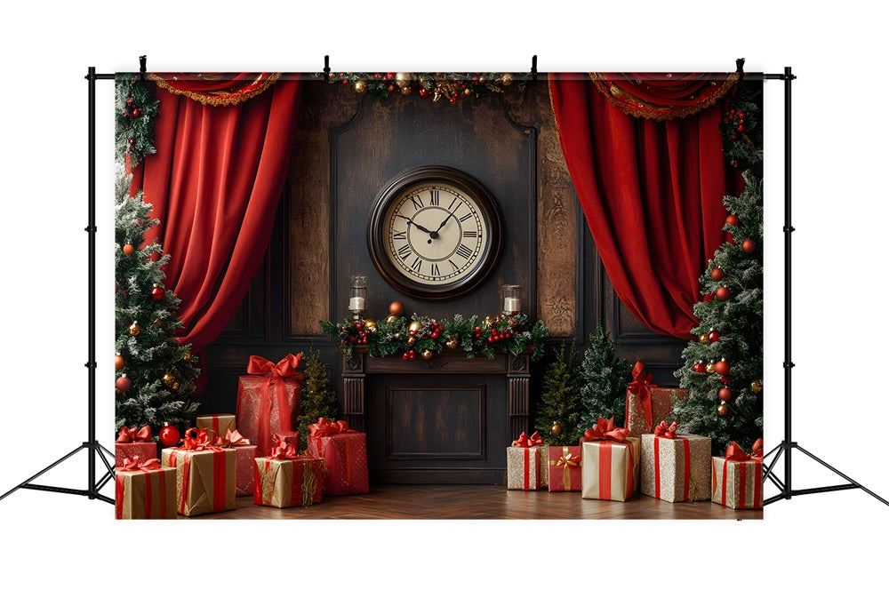 Vintage Clock Christmas Wall Curtain Trees Backdrop RR9-52