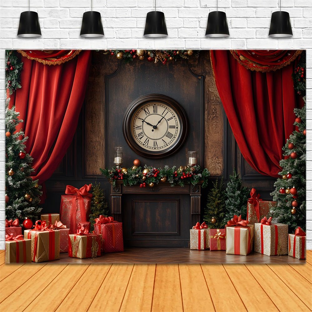 Vintage Clock Christmas Wall Curtain Trees Backdrop RR9-52