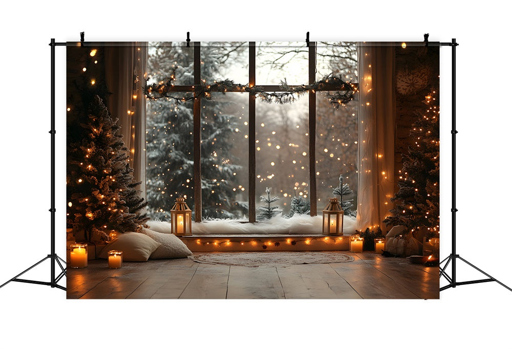 Christmas Window Snowy Forest View Lights Backdrop RR9-55