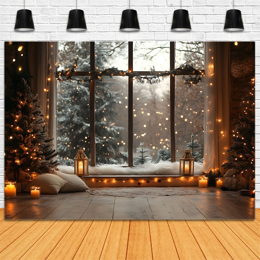 Christmas Window Snowy Forest View Lights Backdrop RR9-55