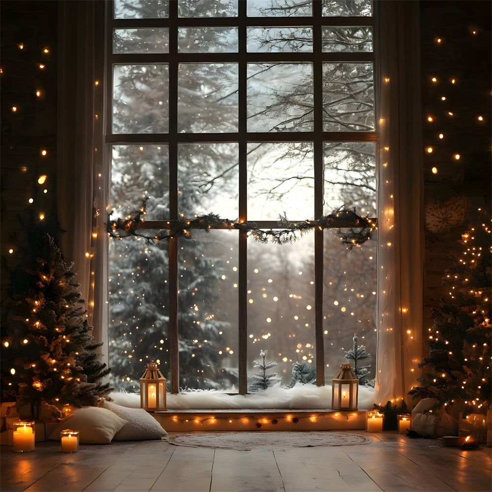 Christmas Window Snowy Forest View Lights Backdrop RR9-55