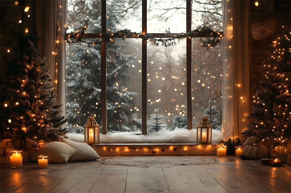 Christmas Window Snowy Forest View Lights Backdrop RR9-55