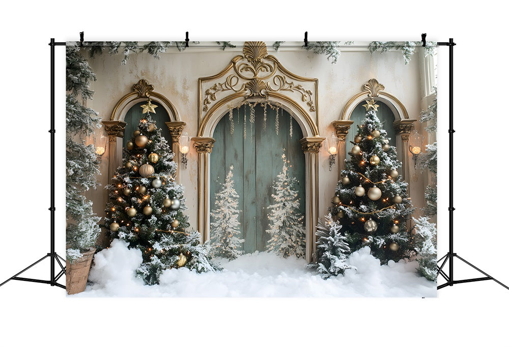 Snow Covered Christmas Tree Vintage Door Backdrop RR9-58