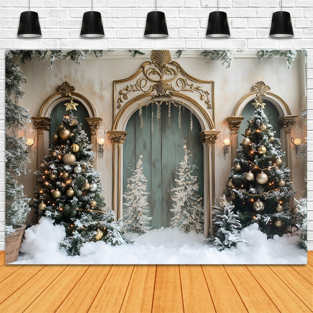 Snow Covered Christmas Tree Vintage Door Backdrop RR9-58