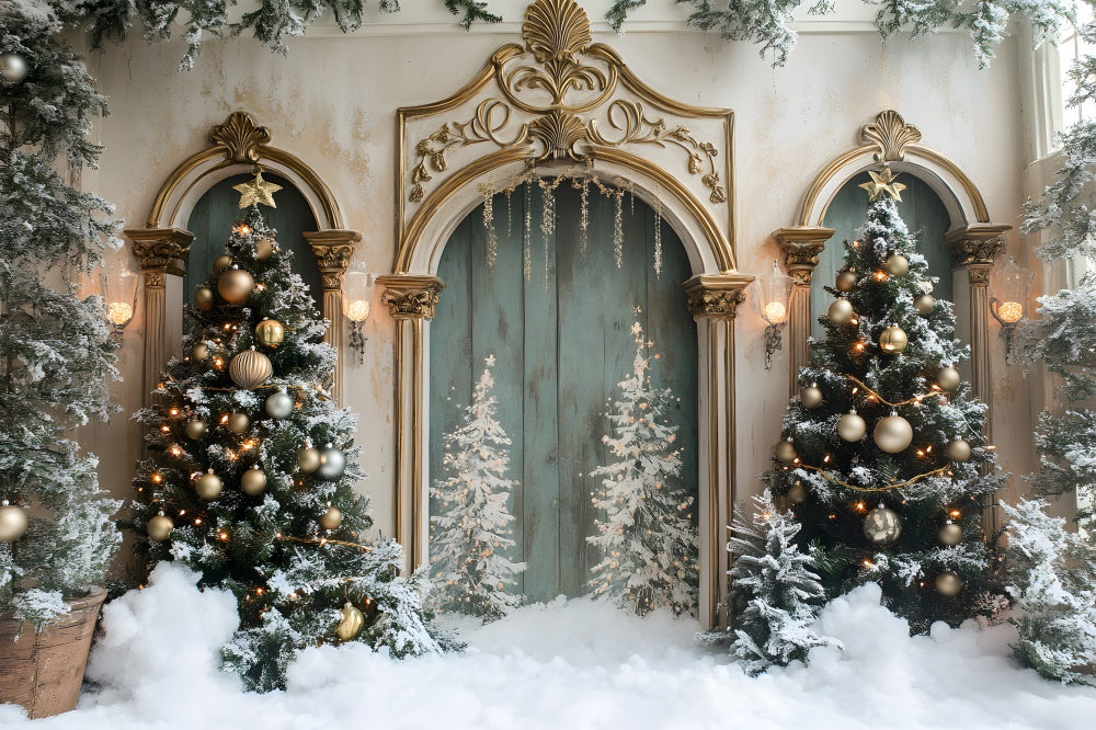 Snow Covered Christmas Tree Vintage Door Backdrop RR9-58