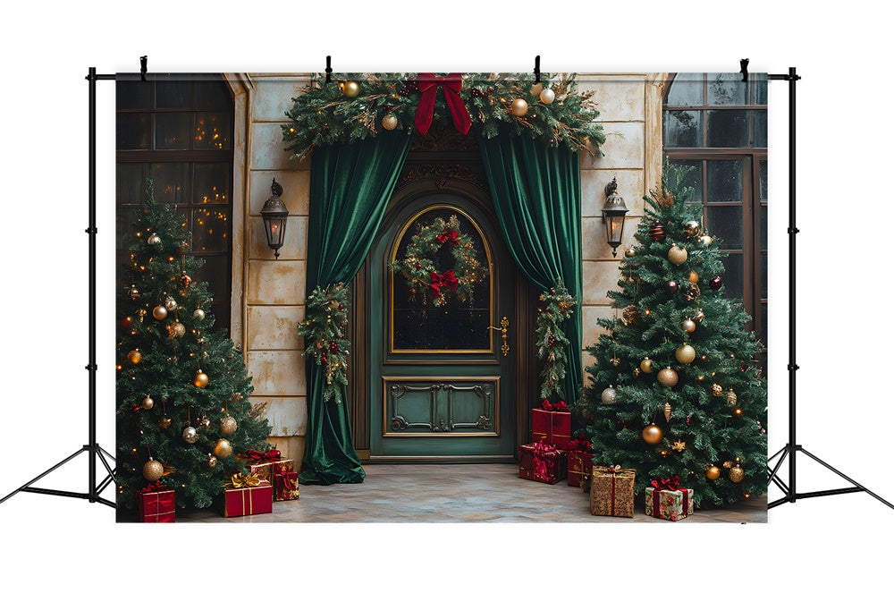 Christmas Green Door Curtain Decorated Trees Backdrop RR9-62