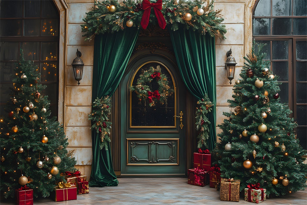 Christmas Green Door Curtain Decorated Trees Backdrop RR9-62