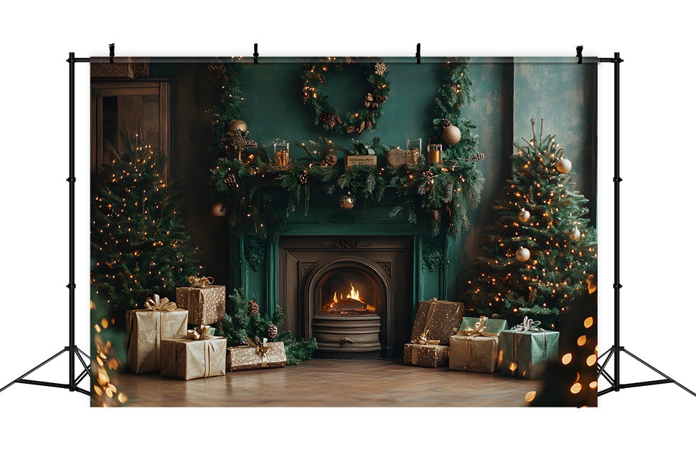 Christmas Vintage Green Wall Fireplace Backdrop RR9-63