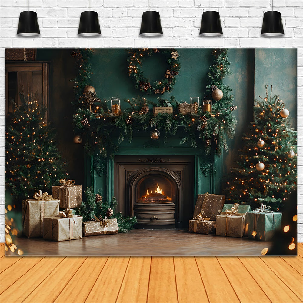 Christmas Vintage Green Wall Fireplace Backdrop RR9-63