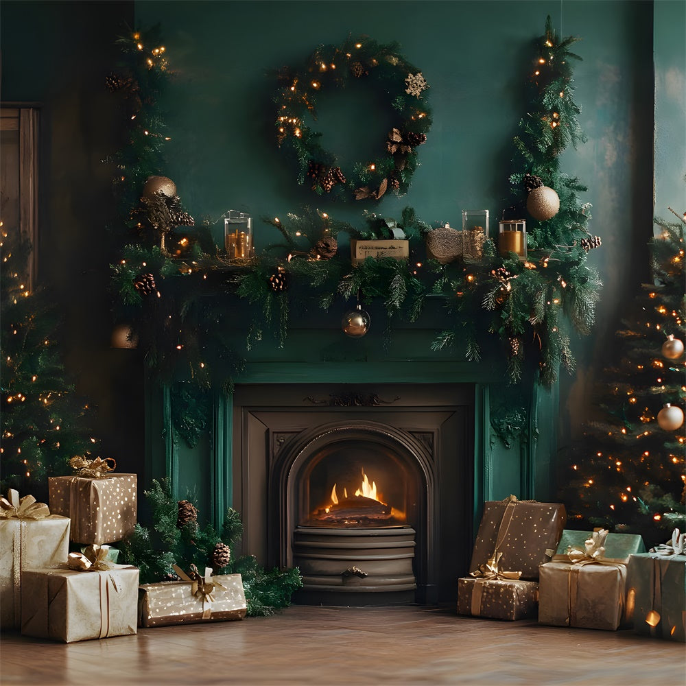 Christmas Vintage Green Wall Fireplace Backdrop RR9-63