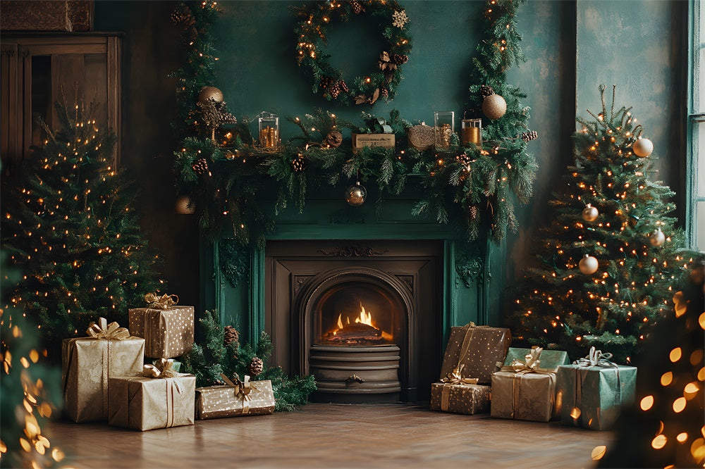 Christmas Vintage Green Wall Fireplace Backdrop RR9-63