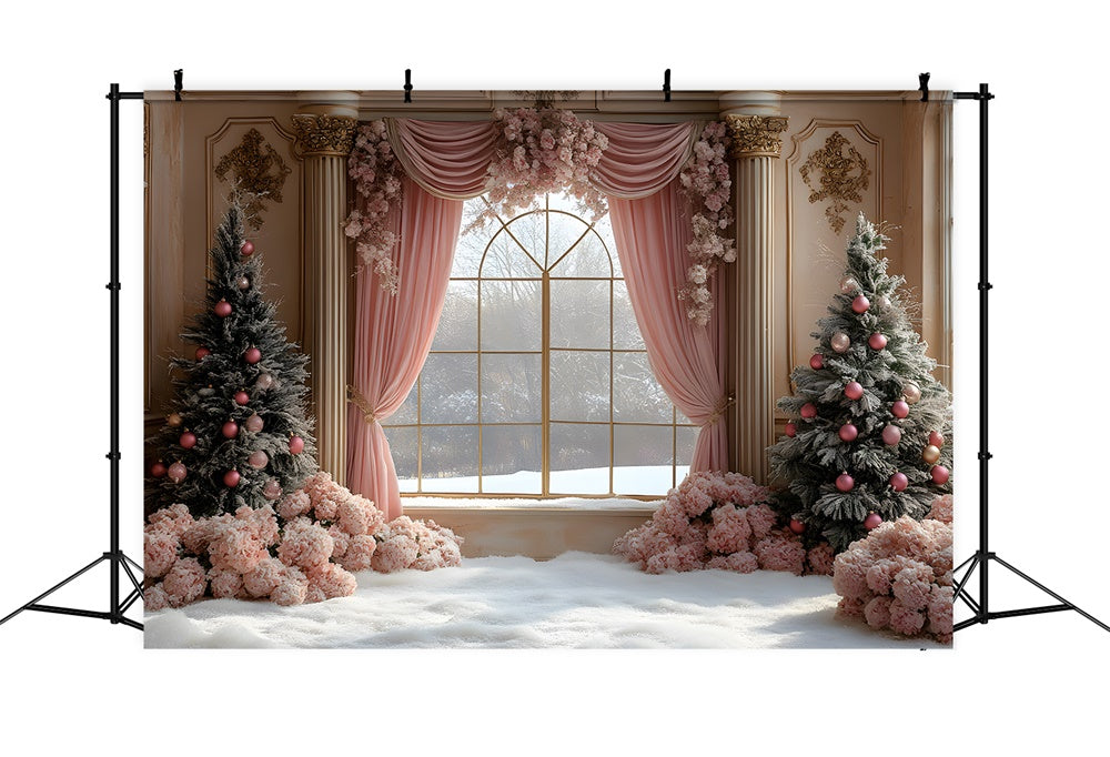 Christmas Pink Curtain Flower Window View Backdrop RR9-67