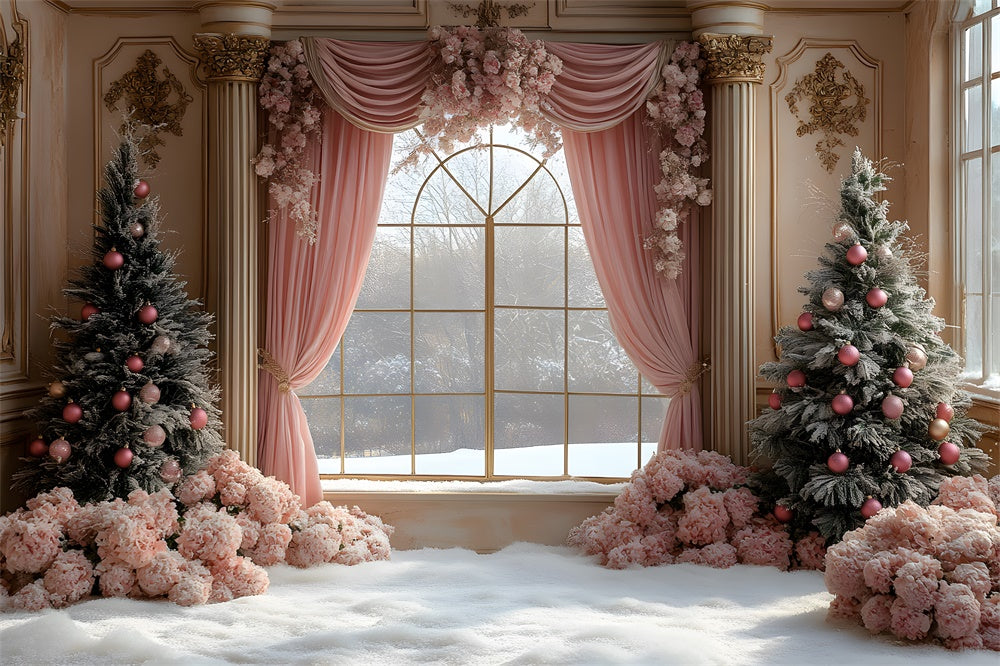 Christmas Pink Curtain Flower Window View Backdrop RR9-67