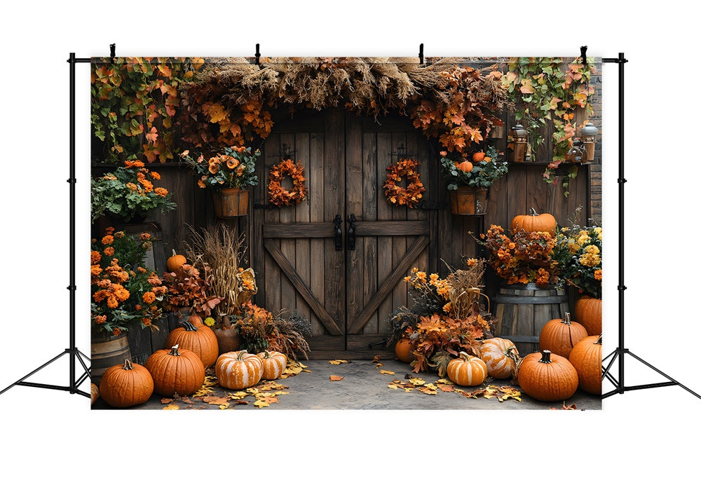 Autumn Barn Door Flowers Pumpkin Backdrop RR9-7