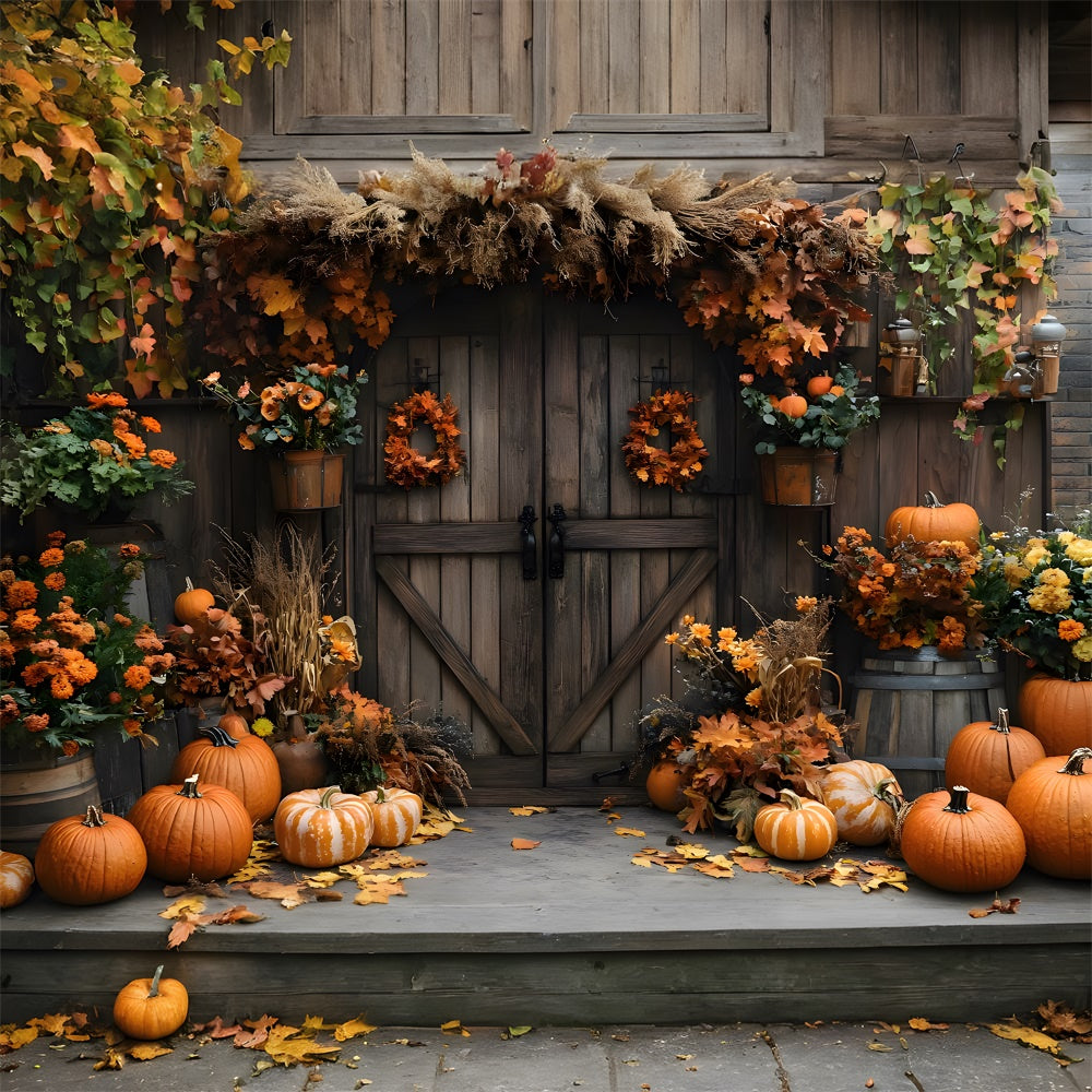 Autumn Barn Door Flowers Pumpkin Backdrop RR9-7