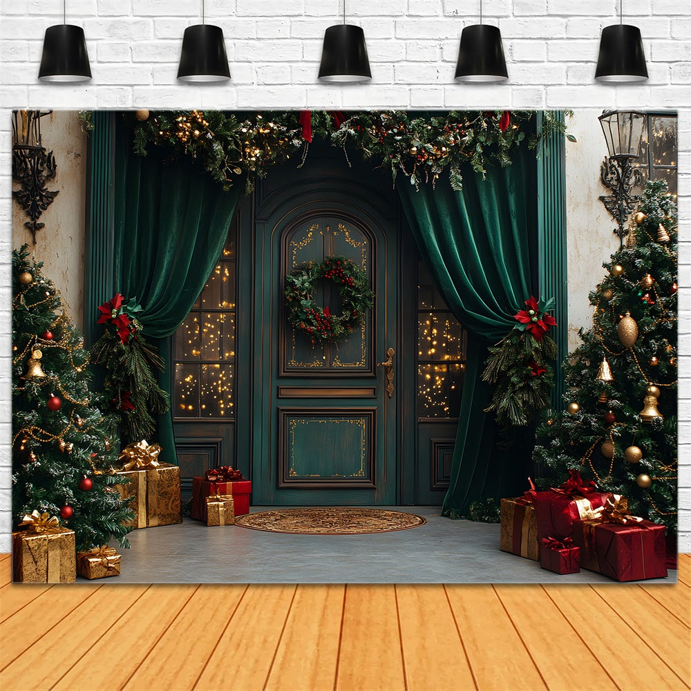 Christmas Retro Room Green Door Curtain Backdrop RR9-74