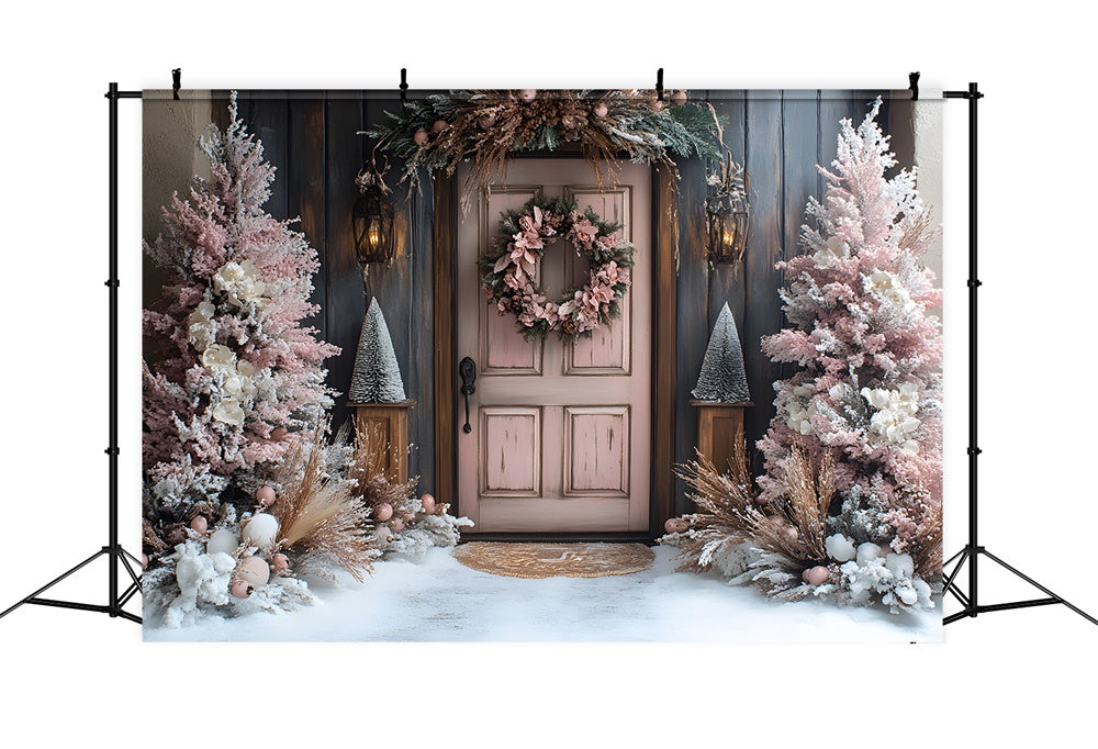 Christmas Pink Tree Wreath Door Snow Backdrop RR9-77