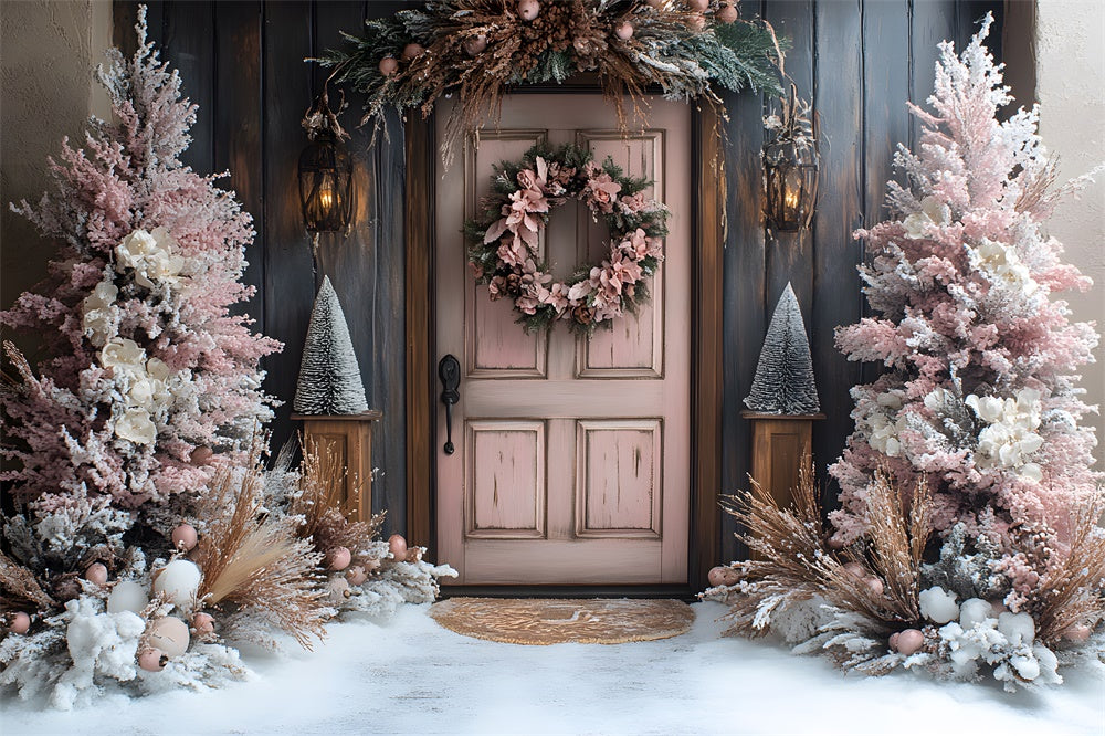 Christmas Pink Tree Wreath Door Snow Backdrop RR9-77