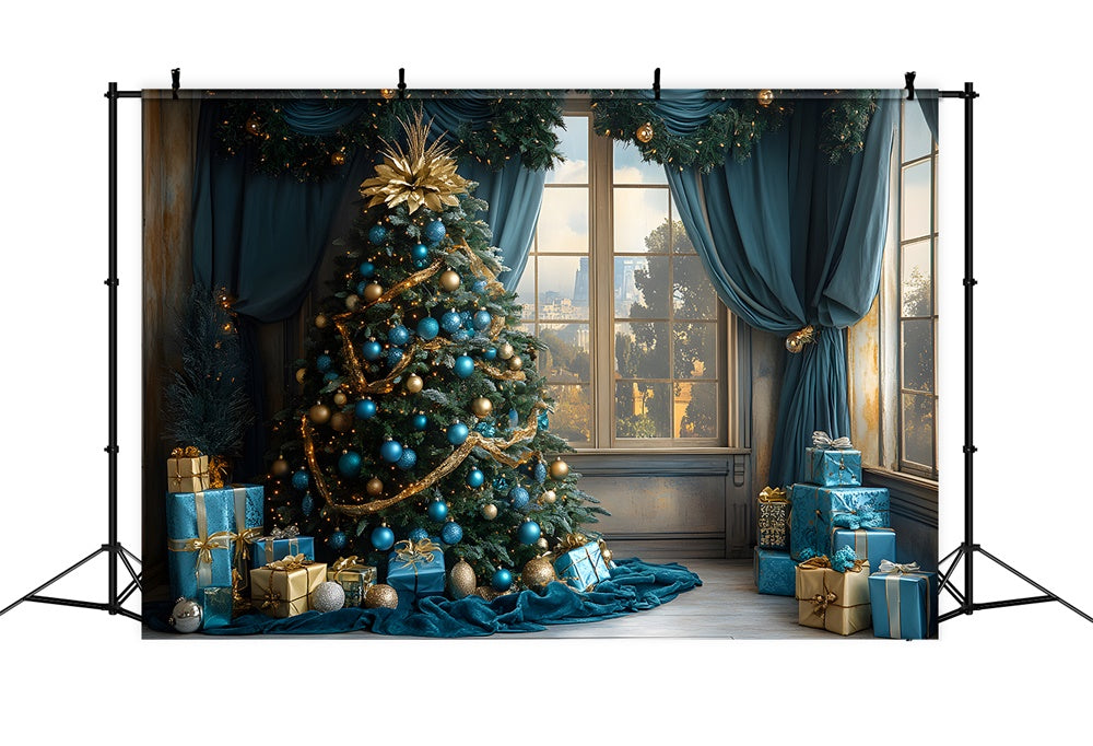 Blue Christmas Ball Tree Window City View Backdrop RR9-78