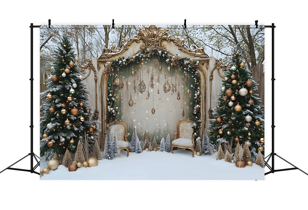 Snowy Christmas Yard Decorated Tree Door Backdrop RR9-79