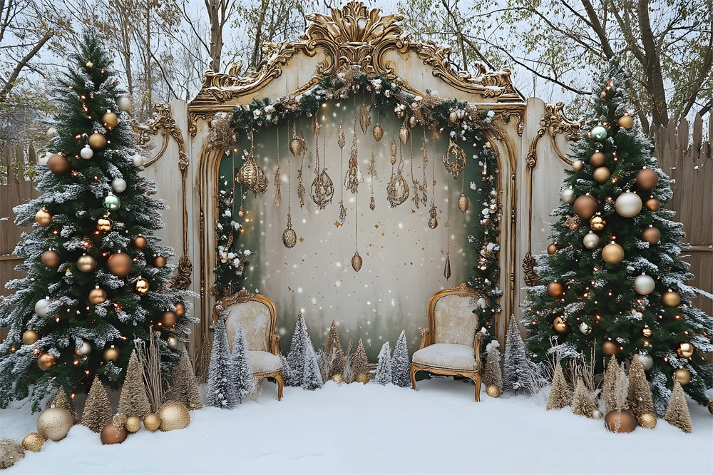 Snowy Christmas Yard Decorated Tree Door Backdrop RR9-79