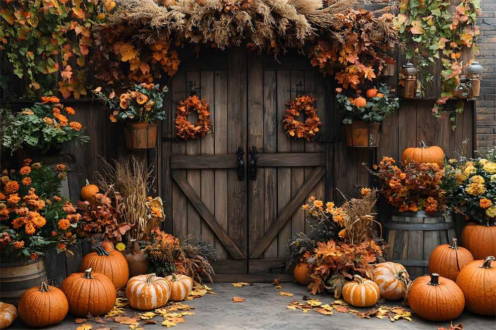 Autumn Barn Door Flowers Pumpkin Backdrop RR9-7