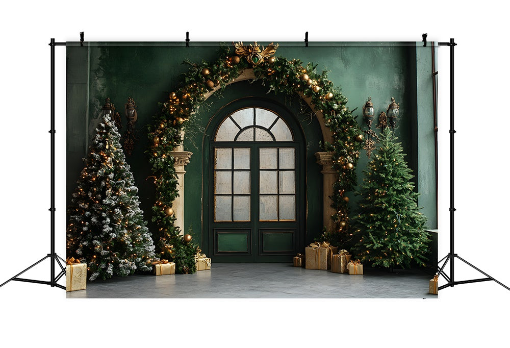 Christmas Vintage Room Green Door Wall Backdrop RR9-80