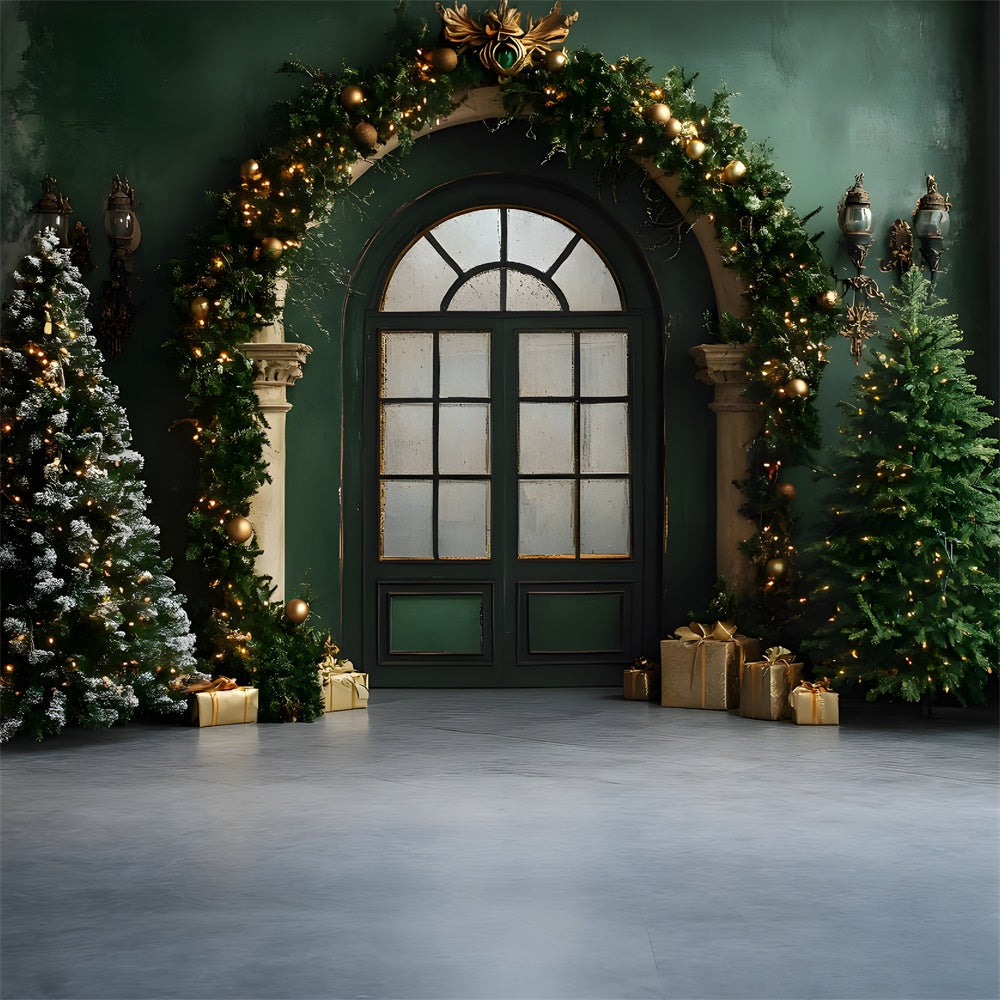 Christmas Vintage Room Green Door Wall Backdrop RR9-80