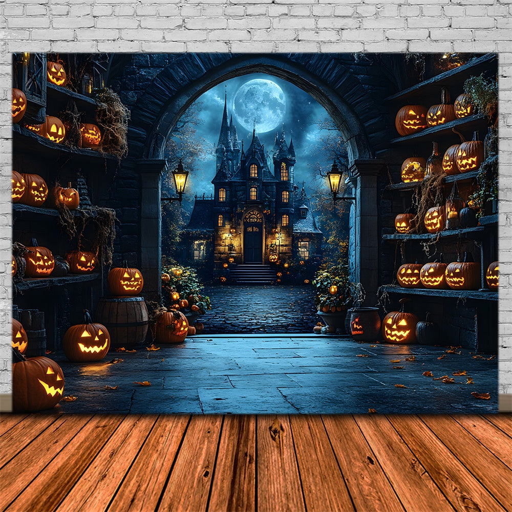 Halloween Spooky Castle Glowing Pumpkin Backdrop RR9-82